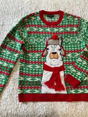 Blizzard Bay Men's Green & Red Llama Crewneck Sweater Quirky Christmas Party Fun